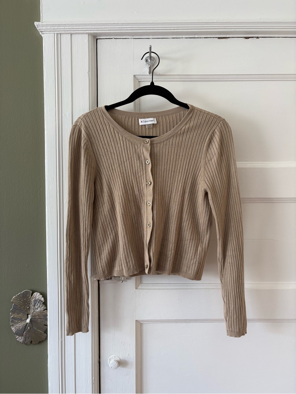 Calvin Klein Tan Ribbed Knit Button Down Cardigan